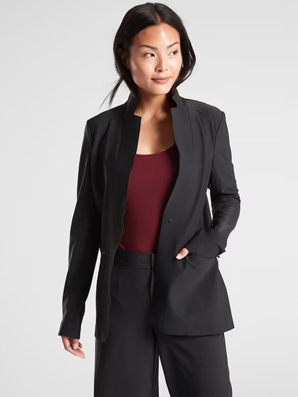 Athleta Black Interstellar Blazer Single Vent Zipper Pockets Work Office Preppy
